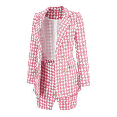Pink Plaid Print Blazer and Button Split Skirt Set TQF711046-10