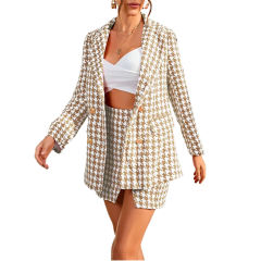 Khaki Plaid Print Blazer and Button Split Skirt Set TQF711046-21