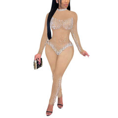 Apricot Mesh Rhinestone Long Sleeve Jumpsuit TQK550274-18
