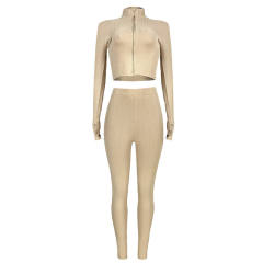 Khaki Cotton Blend Zipper Datail Long Sleeve Top with Pant Set TQK710132-21