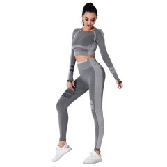 Dark Gray Seamless Knit Long Sleeve Pant Yoga Set TQE91372-26