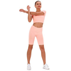 Pink Seamless Short Sleeve Yoga Sports Set TQE00138-10