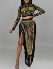 Gold Rhinestone Long Sleeve Crop Tops and Tassels Skirt Set TQV810016-12