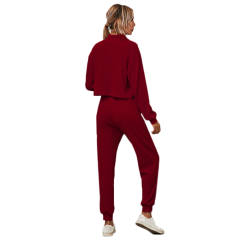Wine Red Zipper Up Leopard Detail Sweatshirt with Pant Set TQK710222-103
