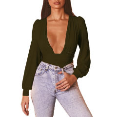 Army Green Deep V Neck Pleated Long Sleeve Bodysuit TQK550214-27