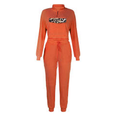 Orange Zipper Up Leopard Detail Sweatshirt with Pant Set TQK710222-14