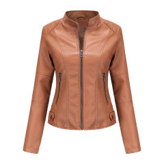 Camel Slim Fit Stand Collar PU Motorcycle Jacket TQK280091-58