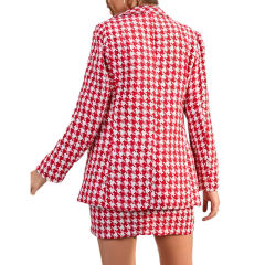 Red Plaid Print Blazer and Button Split Skirt Set TQF711046-3