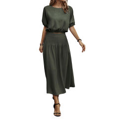 Army Green Pleated Crop Top with Skirt Set TQX711094-27
