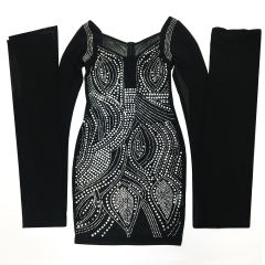 Black Mesh Rhinestone Cape Style long Sleeve Dress TQK310774-2