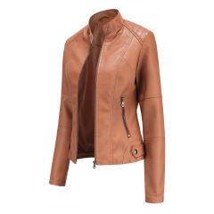 Camel Slim Fit Stand Collar PU Motorcycle Jacket TQK280091-58