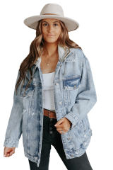 Sky Blue Button Closure Ripped Hooded Denim Jacket LC788143-4