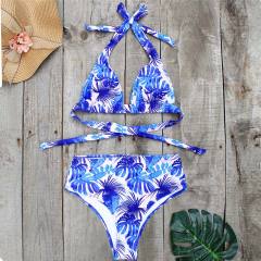 Blue Floral Print Halter 2pcs Bikini Swimsuit