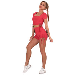 Red Sides Drawstring Short Sleeve Yoga Short Set TQK710241-3