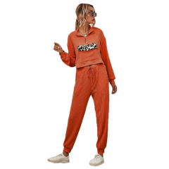 Orange Zipper Up Leopard Detail Sweatshirt with Pant Set TQK710222-14