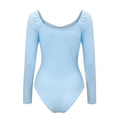 Light Blue Pleated V Neck Long Sleeve Bodysuit TQK550215-30
