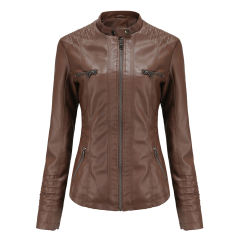Coffee Removable Hooded Washed PU Leather Jacket TQK280096-15