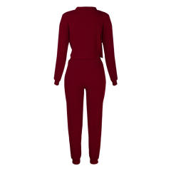 Wine Red Zipper Up Leopard Detail Sweatshirt with Pant Set TQK710222-103