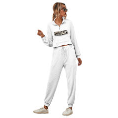 White Zipper Up Leopard Detail Sweatshirt with Pant Set TQK710222-1