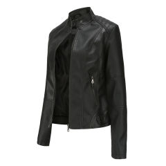 Black Slim Fit Stand Collar PU Motorcycle Jacket TQK280091-2