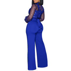 Blue Back Lace-up Long Sleeve Sequin Jumpsuit TQK550346-5