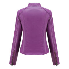 Purple Slim Fit Stand Collar PU Motorcycle Jacket TQK280091-8