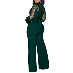 Dark Green Back Lace-up Long Sleeve Sequin Jumpsuit TQK550346-36