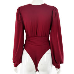Wine Red Deep V Neck Pleated Long Sleeve Bodysuit TQK550214-103