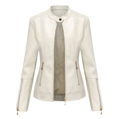Beige Stand Collar Zipper Detail PU Leather Jacket TQK280094-46