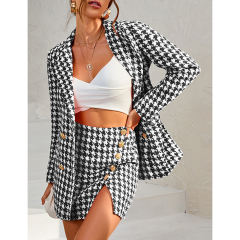 Black Plaid Print Blazer and Button Split Skirt Set TQF711046-2