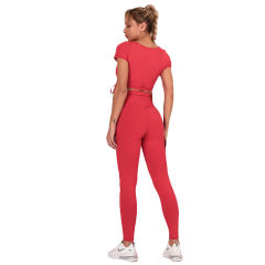 Red Sides Drawstring Short Sleeve Yoga Pant Set TQK710243-3