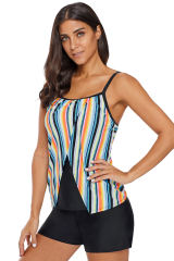Rainbow Striped Split Overlay Tankini Swim Top