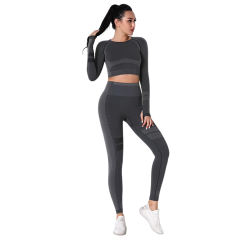 Black Seamless Knit Long Sleeve Pant Yoga Set TQE91372-2