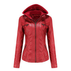 Red Removable Hooded Washed PU Leather Jacket TQK280096-3