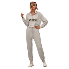 Light Gray Zipper Up Leopard Detail Sweatshirt with Pant Set TQK710222-25