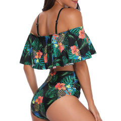 Green Palm Tree Leaf Print High Waist Bikini Swimsuit