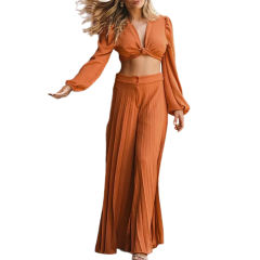 Orange Long Sleeve Crop Shirt and Casual Pant Set TQF711037-14
