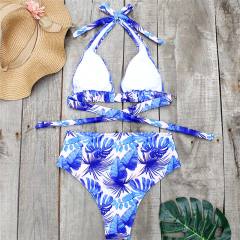 Blue Floral Print Halter 2pcs Bikini Swimsuit