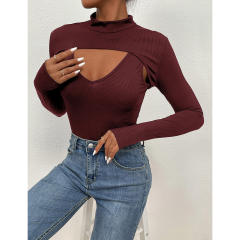 Burgundy Mock Neck Cut-out Ribbed Long Sleeve Bodysuit TQV220133-23