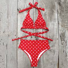 Red Polka Dot Halter 2pcs Bikini Swimsuit
