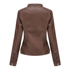 Coffee Slim Fit Stand Collar PU Motorcycle Jacket TQK280091-15