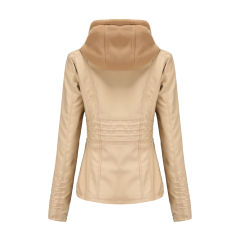 Apricot Removable Hooded Washed PU Leather Jacket TQK280096-18