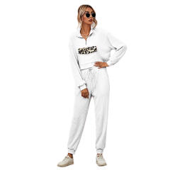 White Zipper Up Leopard Detail Sweatshirt with Pant Set TQK710222-1
