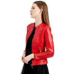 Red Stand Collar Zipper Detail PU Leather Jacket TQK280094-3