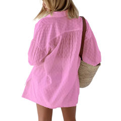Pink Hollow-out Jacquard Long Sleeve Shirt with Shorts Set TQF711040-10