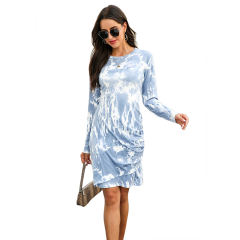 Navy Blue Tie Dye Print Long Sleeve Dress TQK310360-34
