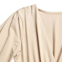 Khaki Deep V Neck Pleated Long Sleeve Bodysuit TQK550214-21