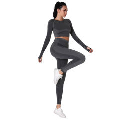 Black Seamless Knit Long Sleeve Pant Yoga Set TQE91372-2