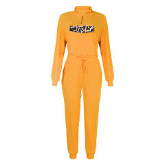 Yellow Zipper Up Leopard Detail Sweatshirt with Pant Set TQK710222-7
