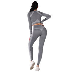 Dark Gray Seamless Knit Long Sleeve Pant Yoga Set TQE91372-26
